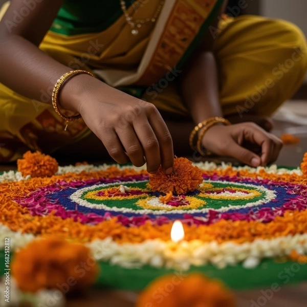 Obraz 
Woman creating colorful rangoli with flower petals for Onam celebration in India. Onam Pookalam for Kerala's harvest festival celebrating King Mahabali's return.