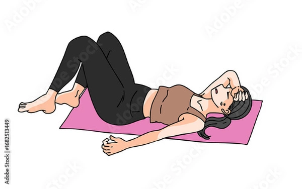 Fototapeta ヨガマットの上で汗を流して疲れる女性のイラスト