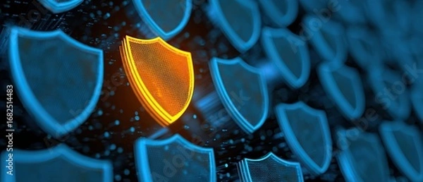 Fototapeta 3D illustration of glowing blue shield icons with one distinctive orange shield, symbolizing cybersecurity, internet safety, data protection, anti-hacking, and online privacy technology background