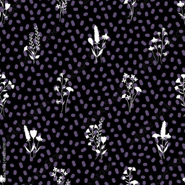 Fototapeta Raster illustration. Monochrome wild flowers on irregular dot background seamless repeat pattern. Best for kids textiles, nursery and packaging.