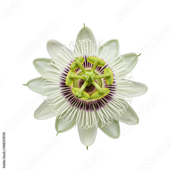 Fototapeta Pristine passion fruit flower in full bloom, symmetrical, intricate white petals, purple and white filaments, green stamens, pistils, on plain transparent background. Botanical perfection concept.