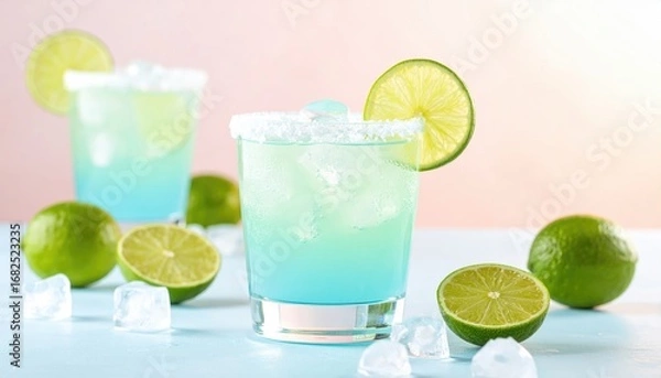 Fototapeta Two bright blue cocktails with salted rims & lime garnish sit among limes & ice cubes on a blue surface, against a soft pink gradient backdrop
