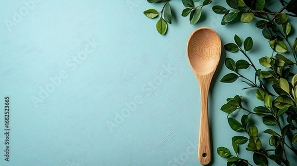 Fototapeta Flat lay eco-food background with simple wooden spoon on light pastel desk, clean empty space for text, organic diet, fresh ingredient and healthy vegetarian lifestyle design.