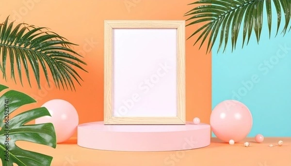Fototapeta A bright, minimalist mockup featuring a blank wooden frame on a pink pedestal, surrounded by tropical leaves and spheres against an orange and turquoise background