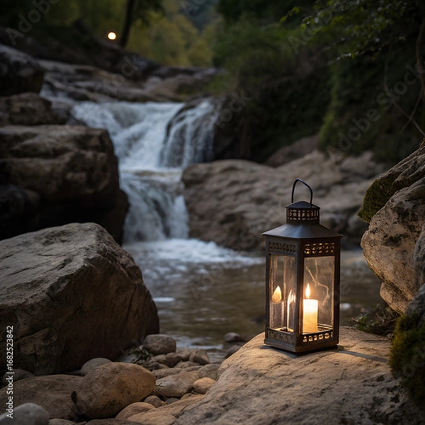Fototapeta A candle lantern on rocks with waterfall background