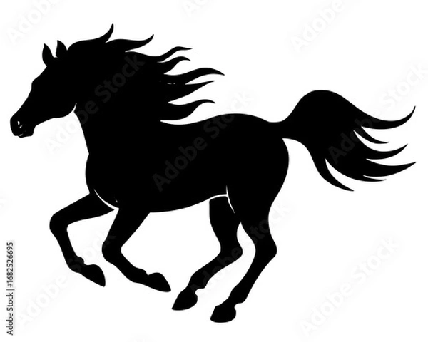 Fototapeta Majestic black silhouette of a running horse with flowing mane and tail, silhouette vector illustration