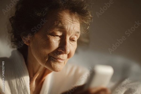 Fototapeta elderly person interacting with smart device that reminds them to take their medication
