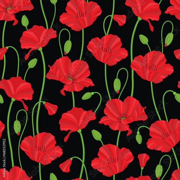 Fototapeta Vector illustration. Red poppy flowers on black background seamless repeat pattern. Best for wallpaper and home decor.