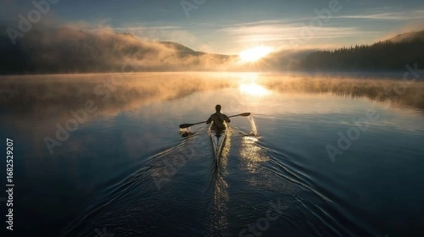 Obraz A powerful shot of a solo kayaker paddling with a strong, focused stroke on a calm, pristine lake at sunrise. The morning mist hovers over the water.