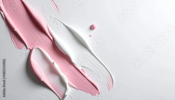 Fototapeta Swirls of pastel pink and white glossy paint create an abstract design against a clean white backdrop, with a soft, modern, and organic feel