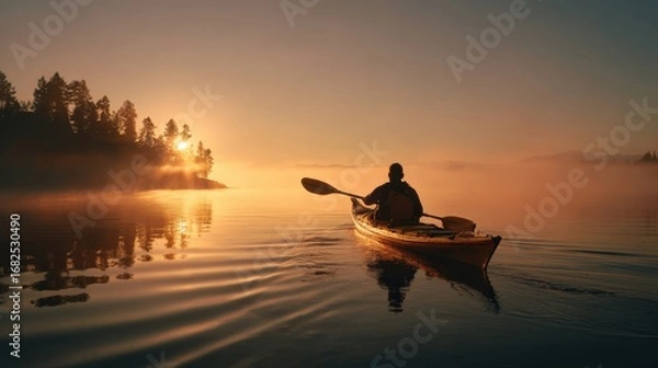 Obraz A powerful shot of a solo kayaker paddling with a strong, focused stroke on a calm, pristine lake at sunrise. The morning mist hovers over the water.