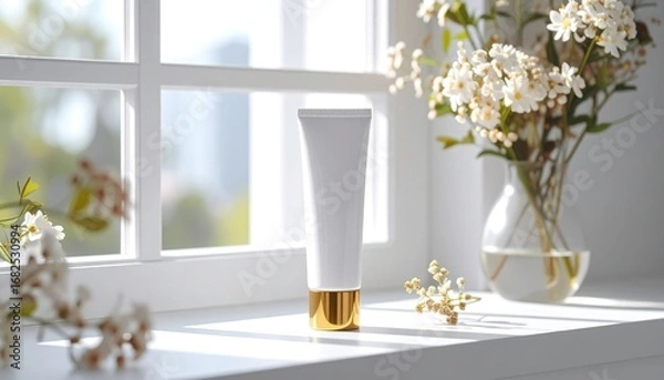 Fototapeta A white tube with a gold base stands on a windowsill, framed by blossoming branches and white grid window, bathed in soft, natural sunlight