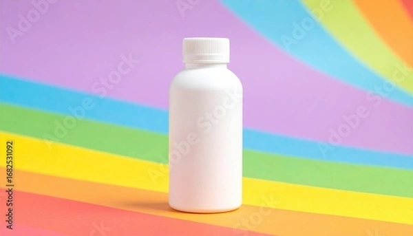 Fototapeta White plastic bottle stands against a rainbow-striped backdrop. The bottle's cylindrical shape contrasts with the vibrant, geometric pattern