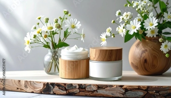 Fototapeta Two cosmetic jars with wooden lids sit on a rough-cut wooden board, flanked by vases filled with delicate white flowers, bathed in soft, dappled light