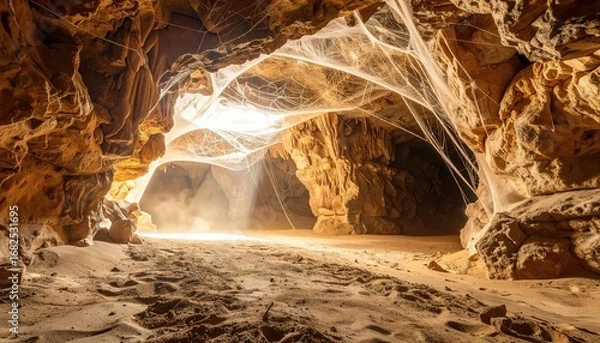 Fototapeta Sunlit cave entrance filled with intricate spiderwebs. A sandy floor and rocky walls create a natural, mysterious space