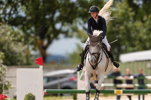 Fototapeta Close-up portraits of a show jumper jumping over an obstacle in a competition.