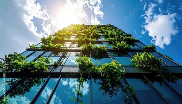 Fototapeta A modern building with lush greenery cascading down its reflective glass facade under a bright blue sky with fluffy white clouds