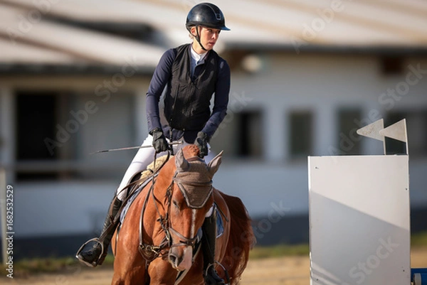 Fototapeta Close-up portraits of a show jumper jumping over an obstacle in a competition.