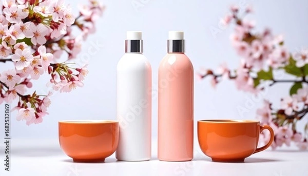 Fototapeta Two lotion bottles and orange cups sit amongst cherry blossoms on a white backdrop, bathed in soft, natural light, creating a serene, spa-like atmosphere