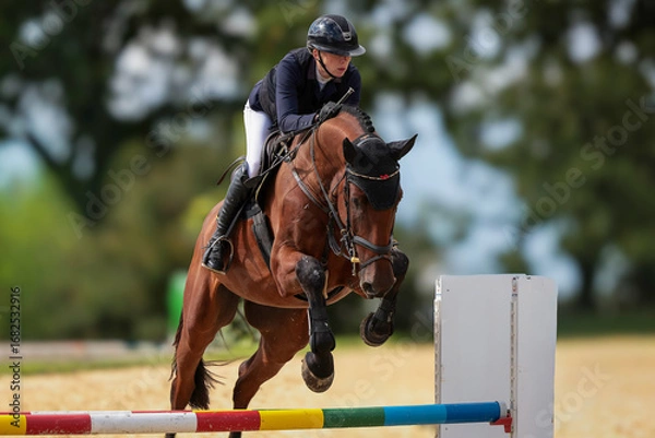 Fototapeta Close-up portraits of a show jumper jumping over an obstacle in a competition.
