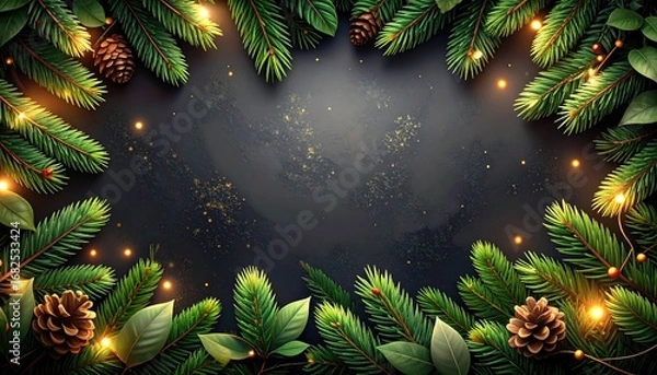 Fototapeta Festive arrangement with fir branches, cones, and leaves frames a dark space, complemented by small, twinkling lights, creating a warm holiday ambiance