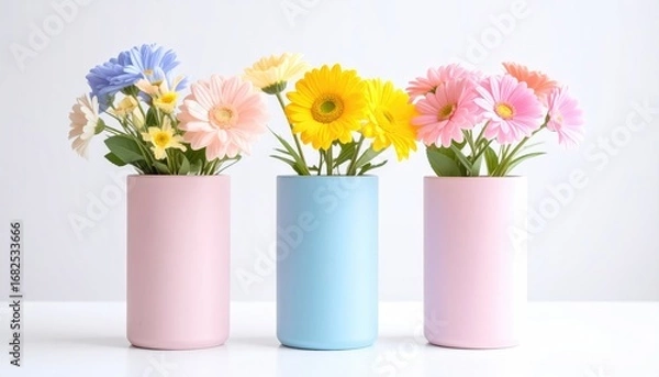 Fototapeta Three pastel vases hold an assortment of colorful gerbera daisies, set against a bright, neutral background, evoking a cheerful and minimalist aesthetic