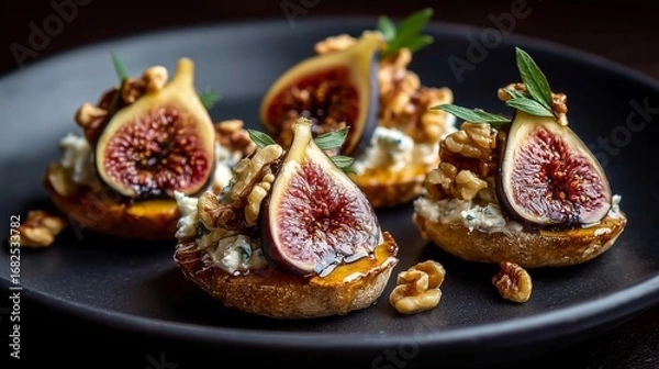 Fototapeta Delicious appetizer featuring figs, cheese, honey, and nuts served on a dark plate