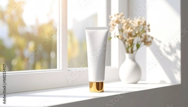Fototapeta Sunlit product tube mockup on a white windowsill, beside a vase with dried flowers, creates a soft, clean, natural scene