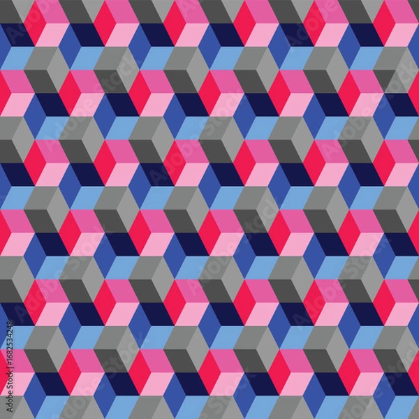 Fototapeta Raster illustration. Optical illusion cubes made by rhombuses. Geometric design. Seamless repeat pattern. blue pink gray cubes