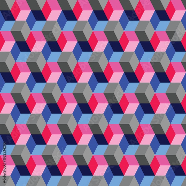 Fototapeta Vector illustration. Optical illusion cubes made by rhombuses. Geometric design. Seamless repeat pattern. blue pink gray cubes