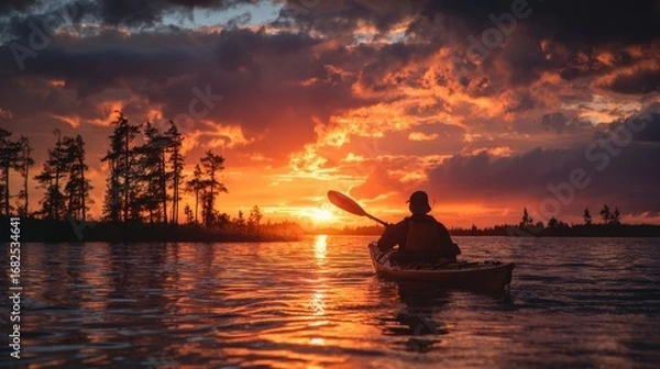 Fototapeta A kayaker silhouette against a fiery sunset sky, with the last rays of light reflecting off the water. The image is serene and full of natural beauty.