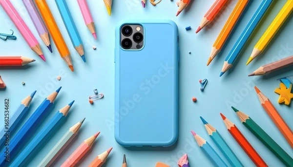 Fototapeta Light-blue phone case rests on a bright blue surface surrounded by various colored pencils and stationery. Top-down view, simple, flat lay composition