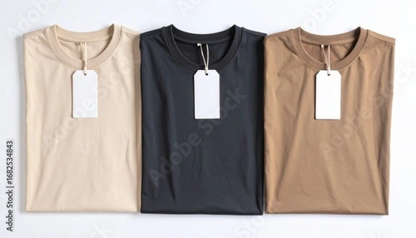 Fototapeta Three neatly folded t-shirts, beige, dark grey, and brown, each with a blank white tag, lay on a white surface, shot from directly above