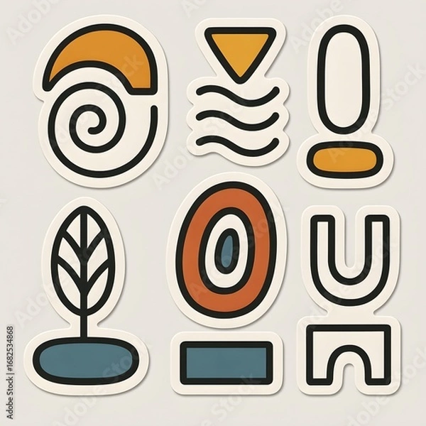 Fototapeta Geometric Abstract Sticker Set – Minimalist Retro Shapes in Modern Boho Style