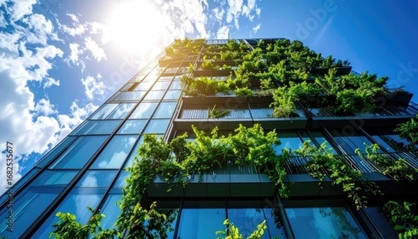 Fototapeta Low angle view of a modern building with many green plants and trees on the side, under blue sky and clouds