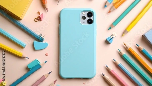 Fototapeta Light-blue phone case on a pale peach background surrounded by colorful pencils, clips, erasers, and notepads. Educational or office supply aesthetic