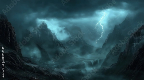 Fototapeta Dramatic Lightning Mountain Landscape for Poster Design, Game Backgrounds, and Desktop Wallpapers