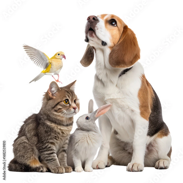 Obraz Group of pets domestic animals together on transparent white background featuring dogs, cats, and various small pets isolated on a clear white backdrop perfect for pet lovers and animal enthusiasts