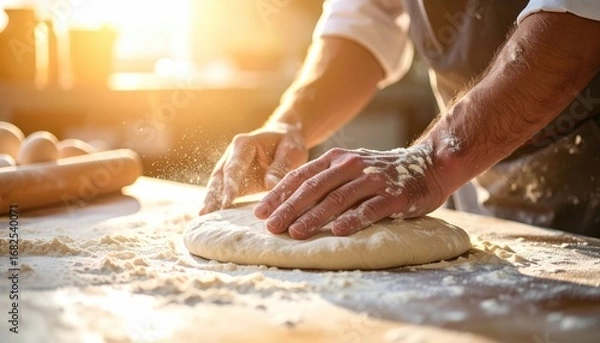 Fototapeta Close-up of hands kneading dough, sprinkled with flour, on a wooden surface, with eggs and a rolling pin blurred in the background, bathed in warm sunlight