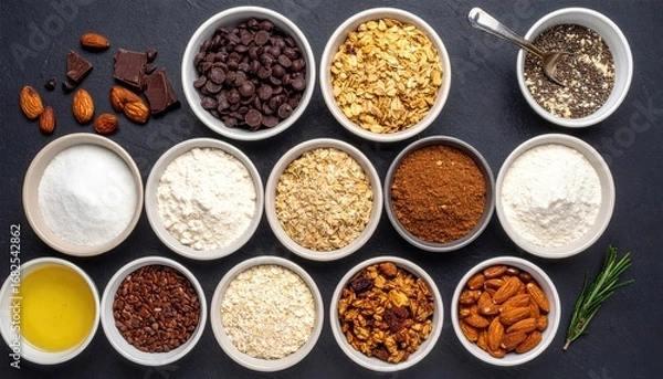 Fototapeta An overhead shot features various ingredients in bowls arranged in rows on a dark surface, with almonds, chocolate, and a sprig of rosemary scattered about