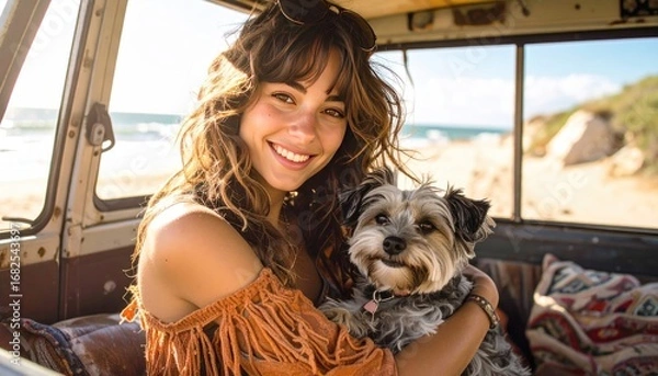 Fototapeta Smiling woman with long hair holds a fluffy dog inside a weathered van, with a sunny beach and ocean visible through the open back door