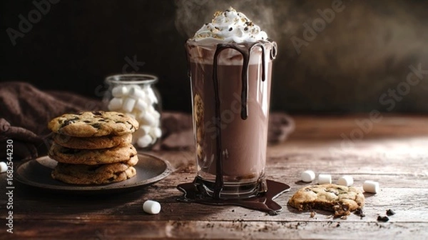 Fototapeta Hot Chocolate with Cookies and Marshmallows on Rustic Oak Table in Afternoon Glow 