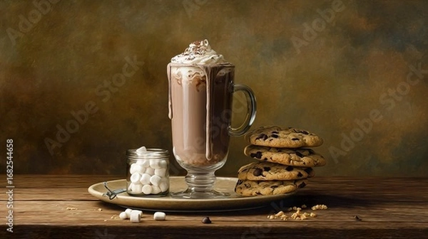 Fototapeta Hot Chocolate with Cookies and Marshmallows on Rustic Oak Table in Afternoon Glow 
