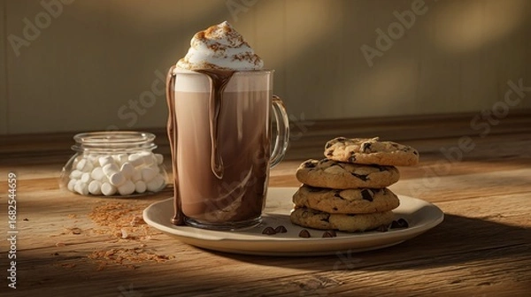 Fototapeta Hot Chocolate with Cookies and Marshmallows on Rustic Oak Table in Afternoon Glow 