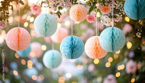 Fototapeta Soft, pastel-colored honeycomb paper balls hanging amidst delicate pink and white flowers, creating a dreamy, bokeh-filled backdrop