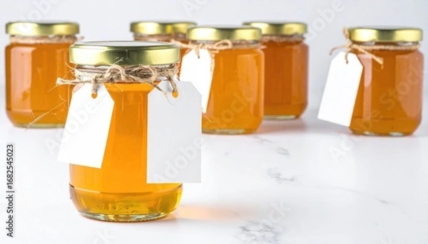 Fototapeta Seven glass jars filled with golden liquid, sealed with gold lids and blank labels on a marbled surface, creating a clean, simple, and natural aesthetic