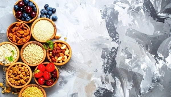 Fototapeta Wooden bowls filled with various healthy foods like nuts, berries, grains, and seeds are arranged on a gray, textured surface with white swirls