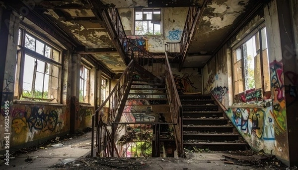 Fototapeta Crumbling, aged interior with broken windows and a rusted staircase. Graffiti covers peeling walls, hinting at a forgotten and decaying history