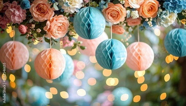 Fototapeta A dreamy floral and paper lantern display with peach roses, blue paper balls, and bokeh lights creates a soft, romantic, and festive atmosphere