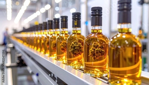 Fototapeta Row of glass bottles filled with amber liquid are transported along a conveyor belt inside a bright manufacturing or processing facility